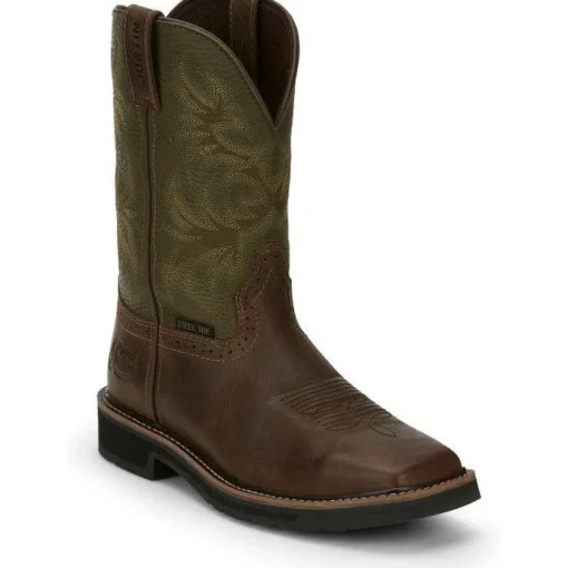 Justin Men's Driller 11" ST Western Work Boot -Brown/Green- SE4688